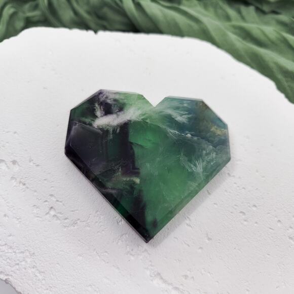 Feather Fluorite Faceted Heart Crystal Carving - Picture 5 of 5